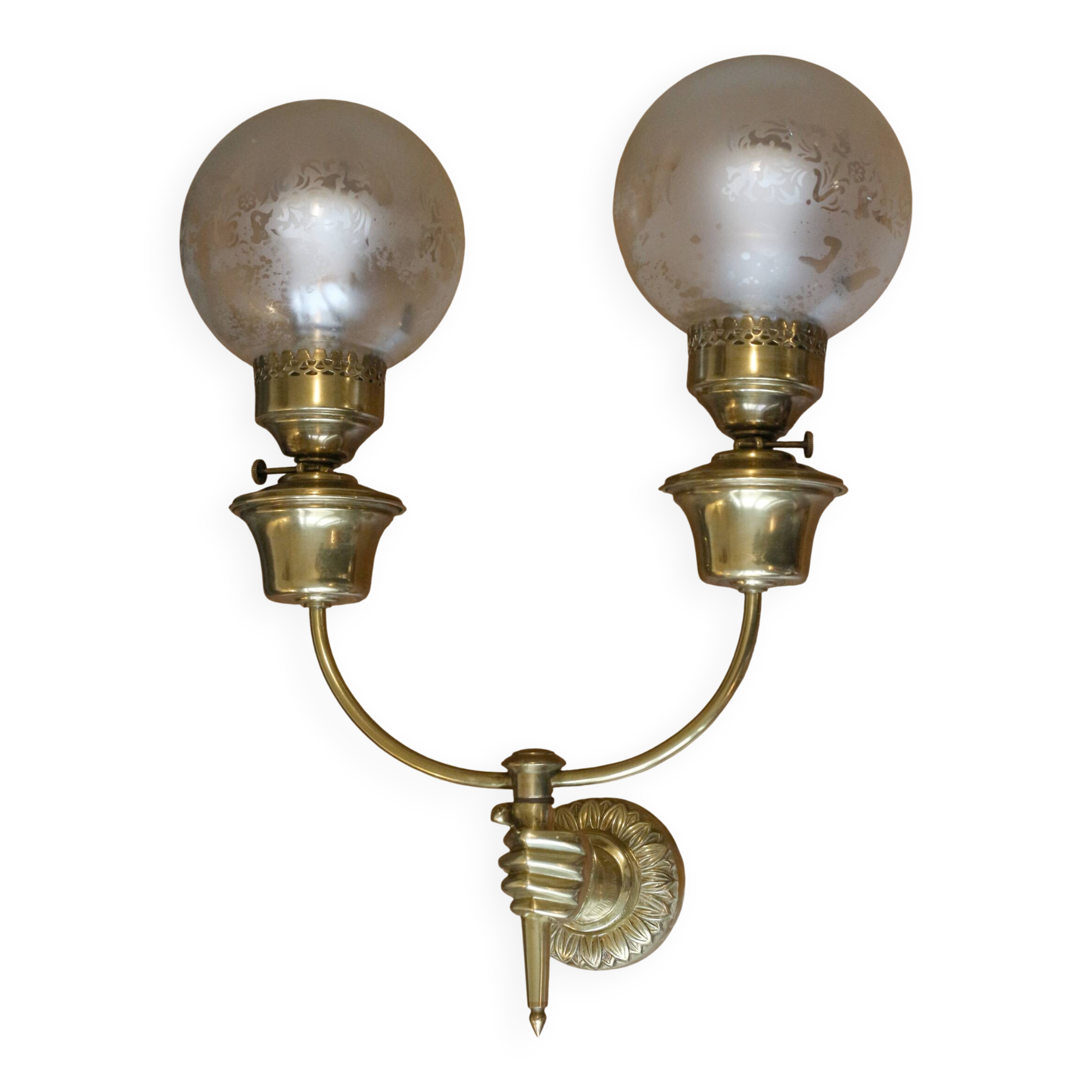 Applique en laiton ART DECO, deux globes en verre