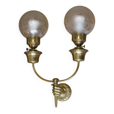 Applique en laiton ART DECO, deux globes en verre