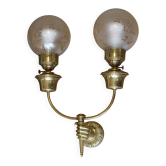 ART DECO brass wall light, two glass globes