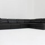 Canapé modulable vintage en cuir noir des années 1970