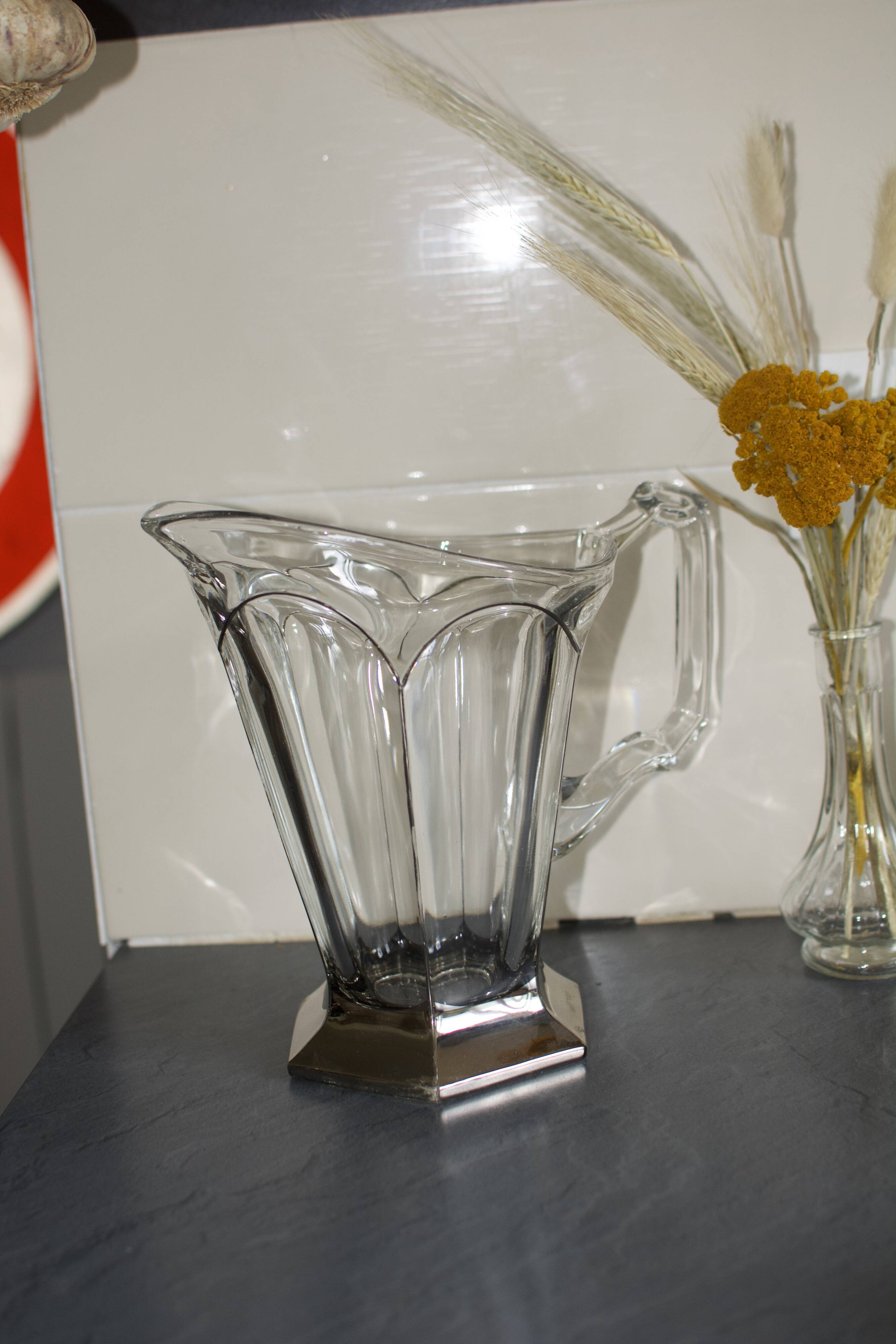 Vintage art deco crystal jug pitcher with silver feet
