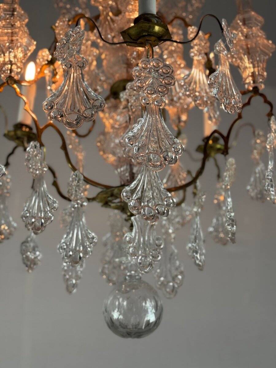 Cage chandelier, molded glass and bronze pendants, circa 1800
