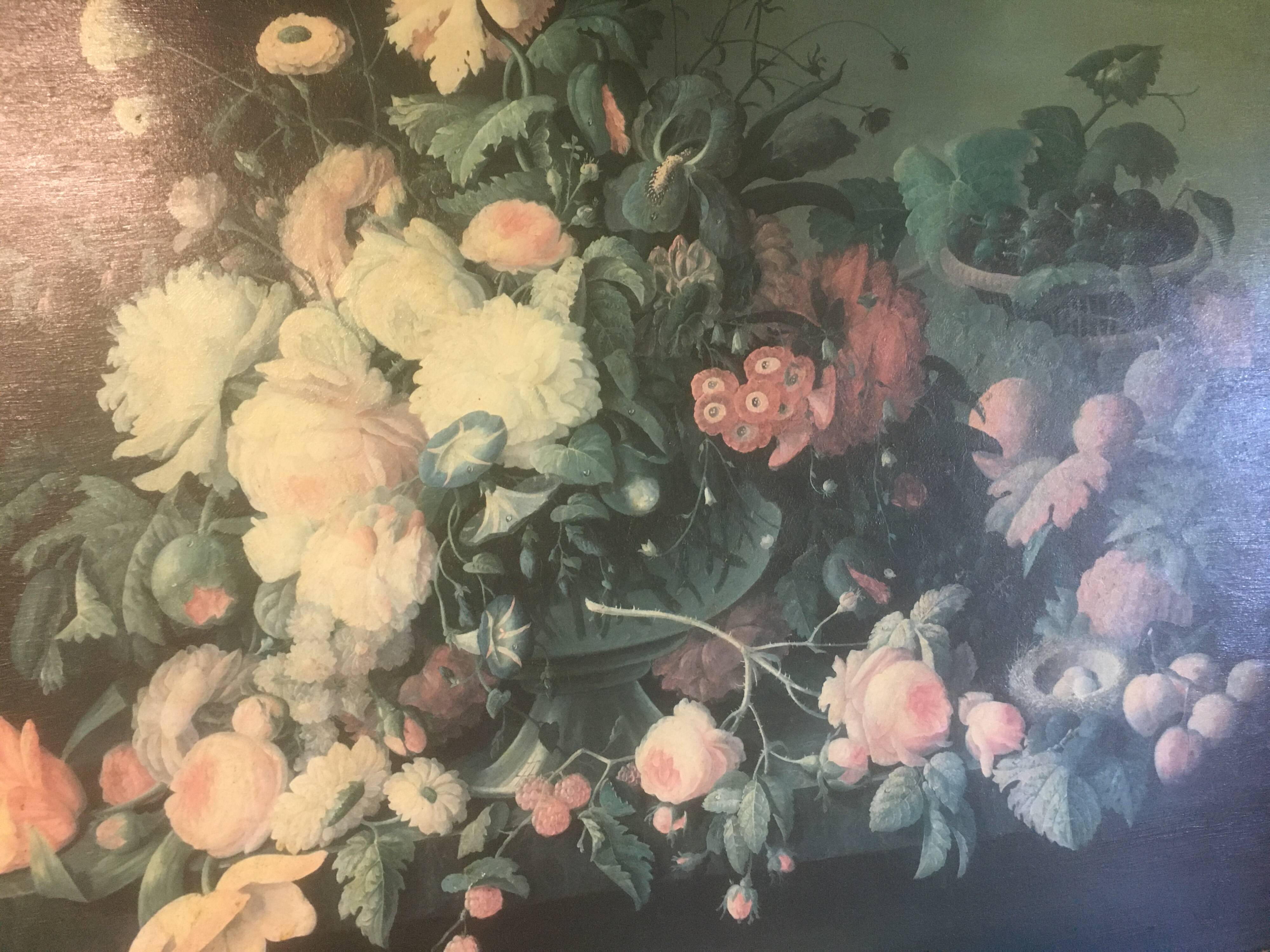 Bouquet of flowers and fruits on table, composition on canvas 100x120