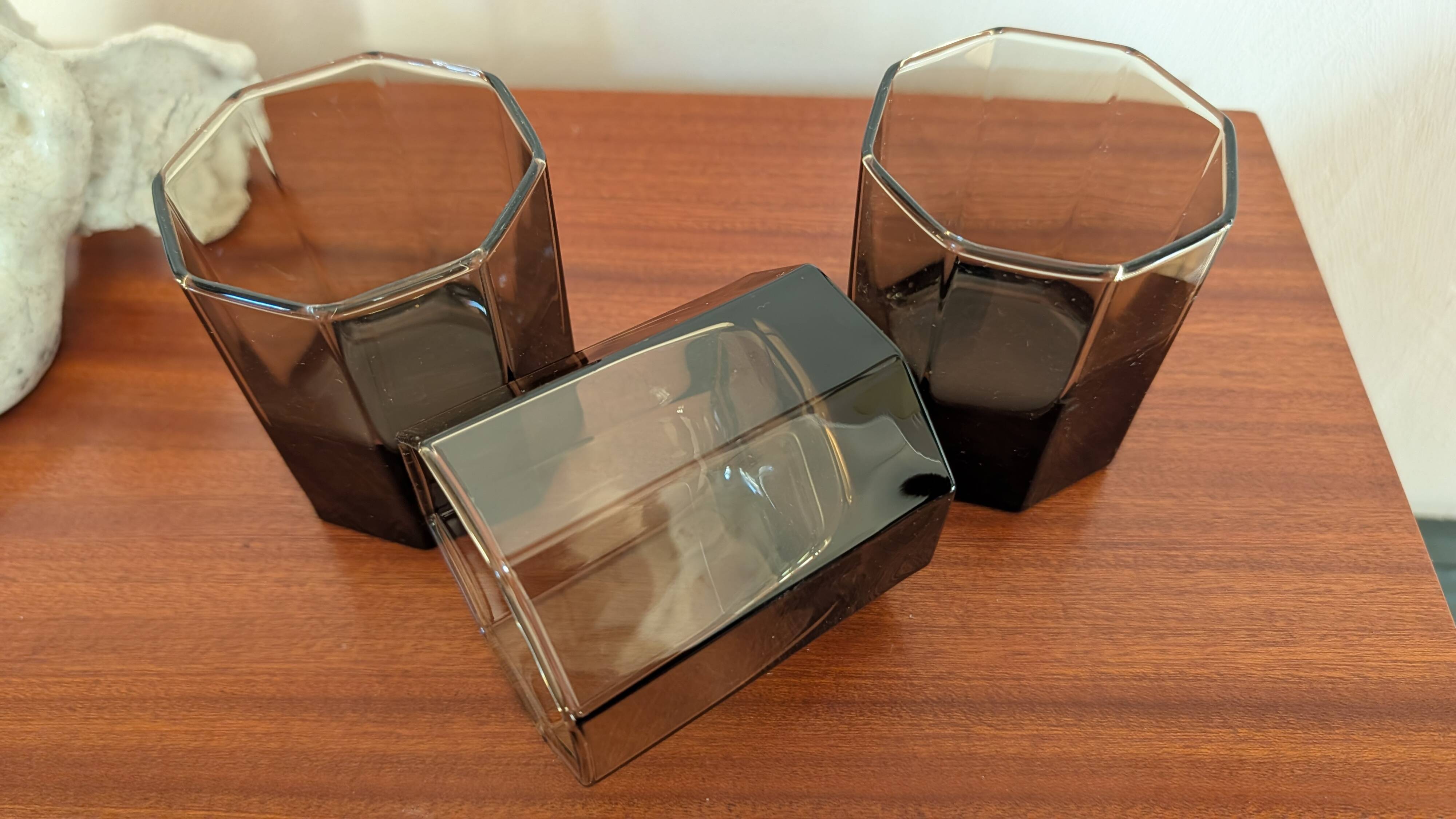 Set of three hexagonal smoked glass glasses – 1970s