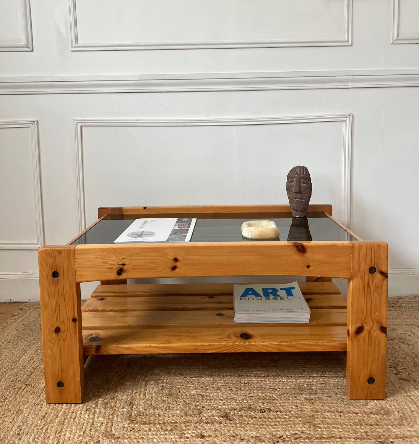 Pine and smoked glass coffee table, 70s-80s