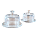 2 transparent glass butter dishes accompanied by their matching cloches.