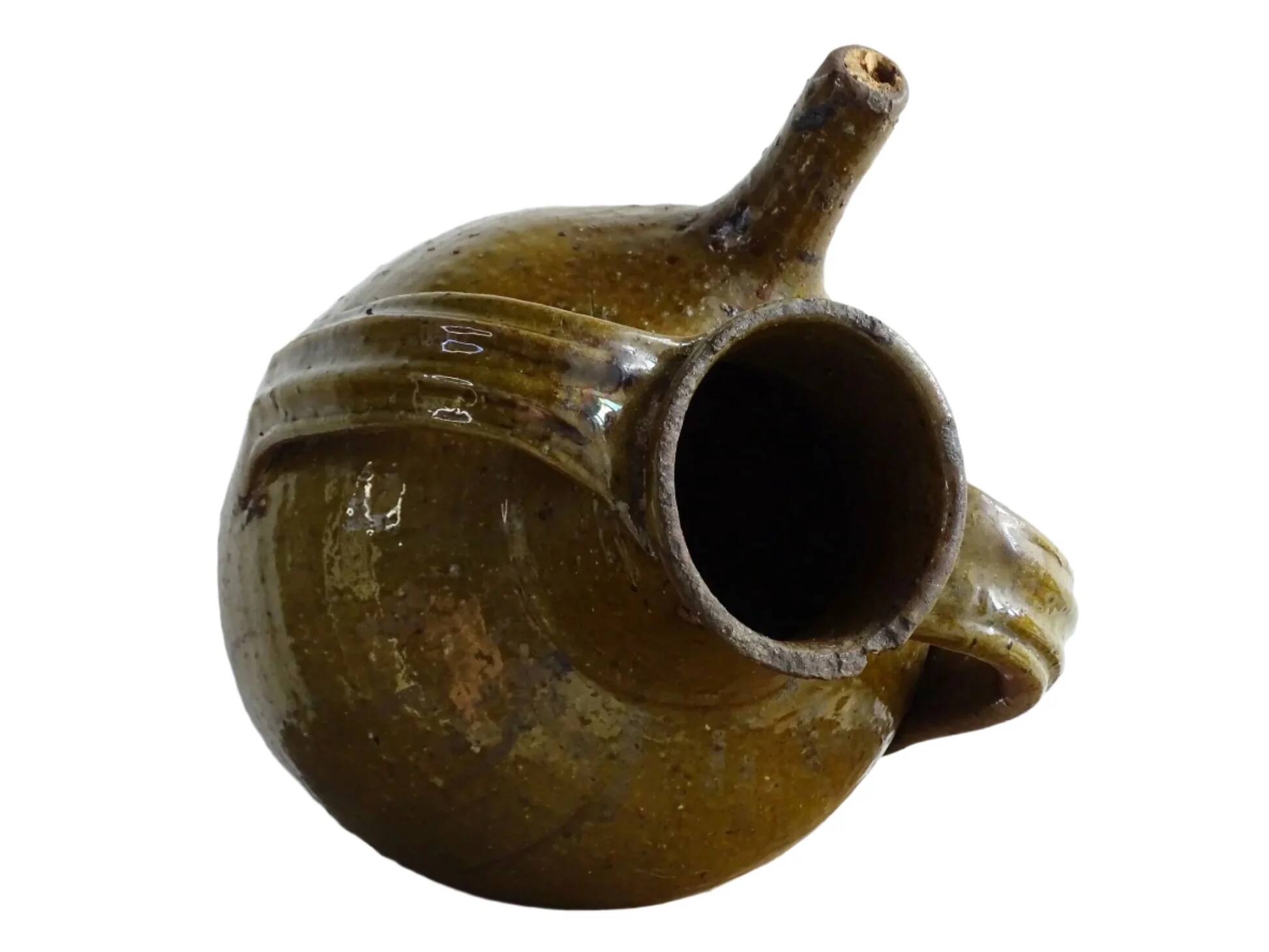 Huilerie ancienne française en terre cuite à noyer et glaçure verte