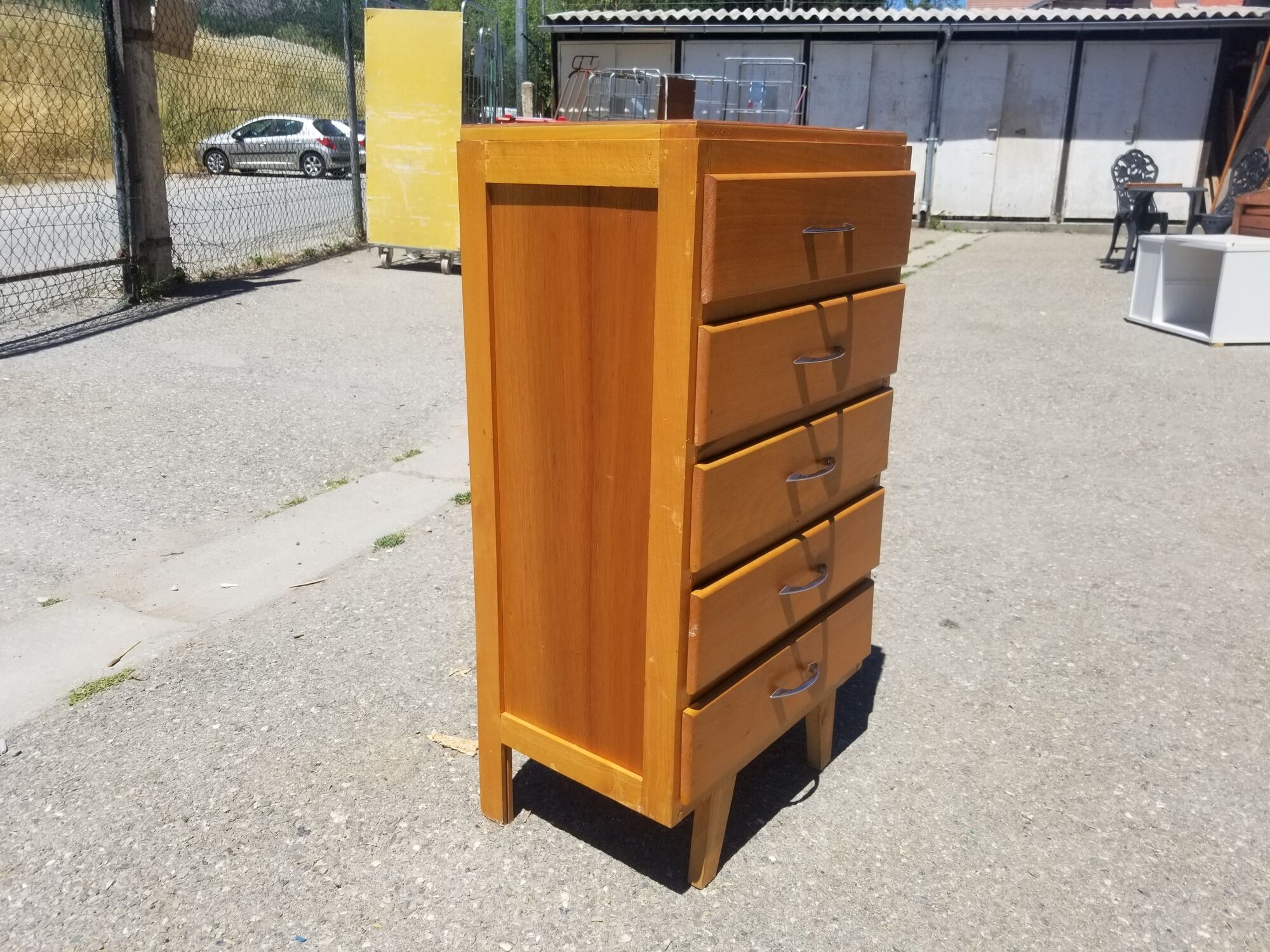 Chiffonnier vintage 5 tiroirs en bois blond - années 60