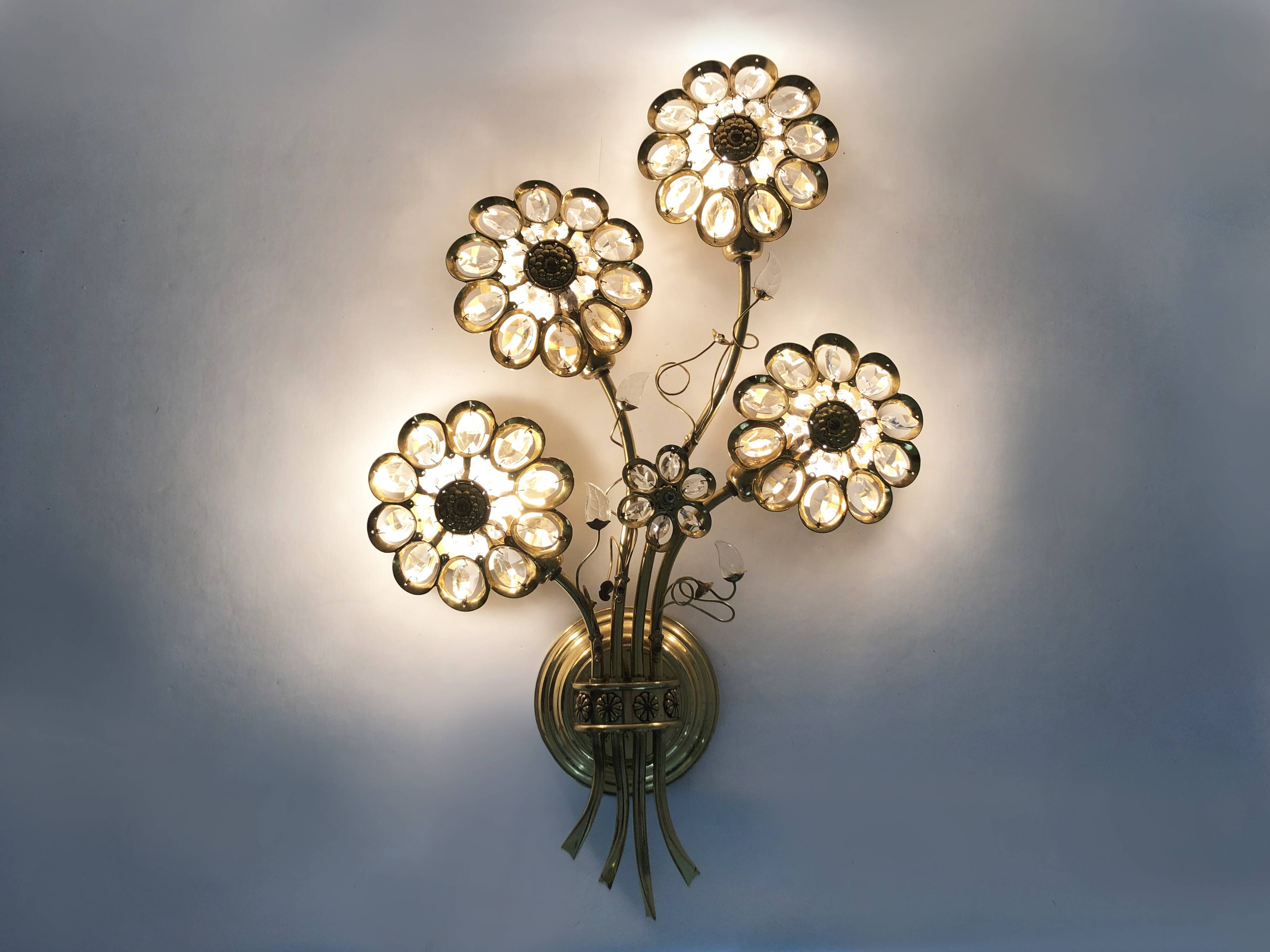 Large pair of vintage Palwa crystal and brass flower wall lights with 4 lights. 70s