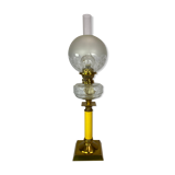 Kerosene lamp of brass with white opaline glass shade and yellow glass stem, 1860