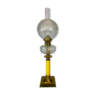 Kerosene lamp of brass with white opaline glass shade and yellow glass stem, 1860