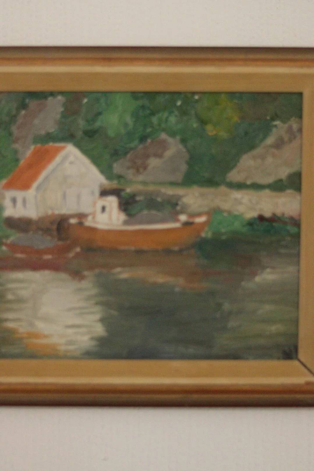 Huile sur toile originale européenne — Maison au bord du lac