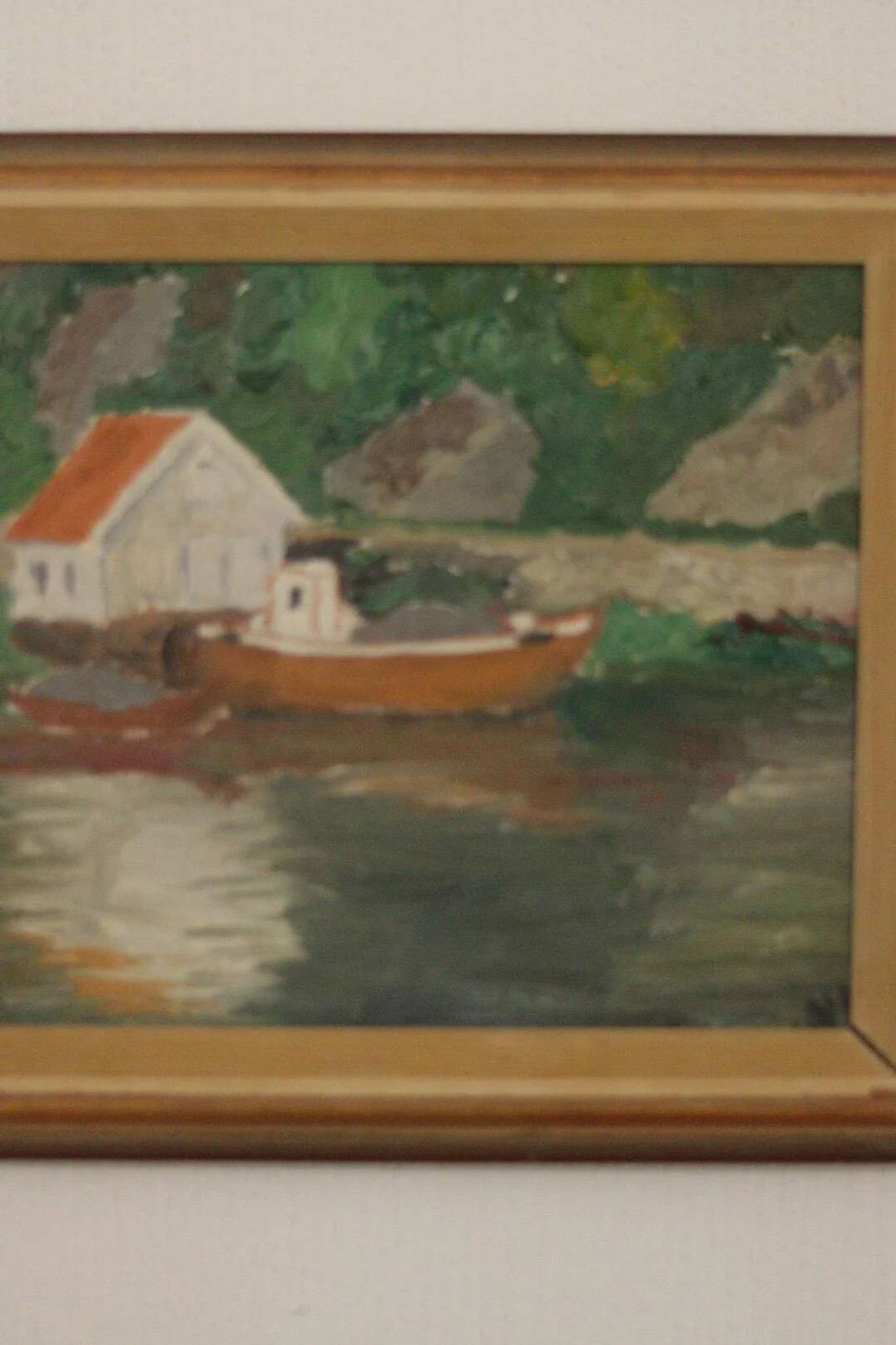 Huile sur toile originale européenne — Maison au bord du lac