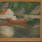 Huile sur toile originale européenne — Maison au bord du lac