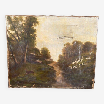 Oil on canvas hunting scene Barbizon 1900
