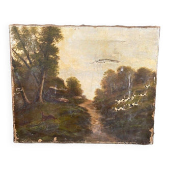 Oil on canvas hunting scene Barbizon 1900