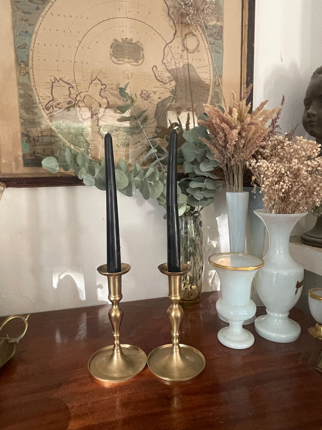 Pair of brushed brass candle holders