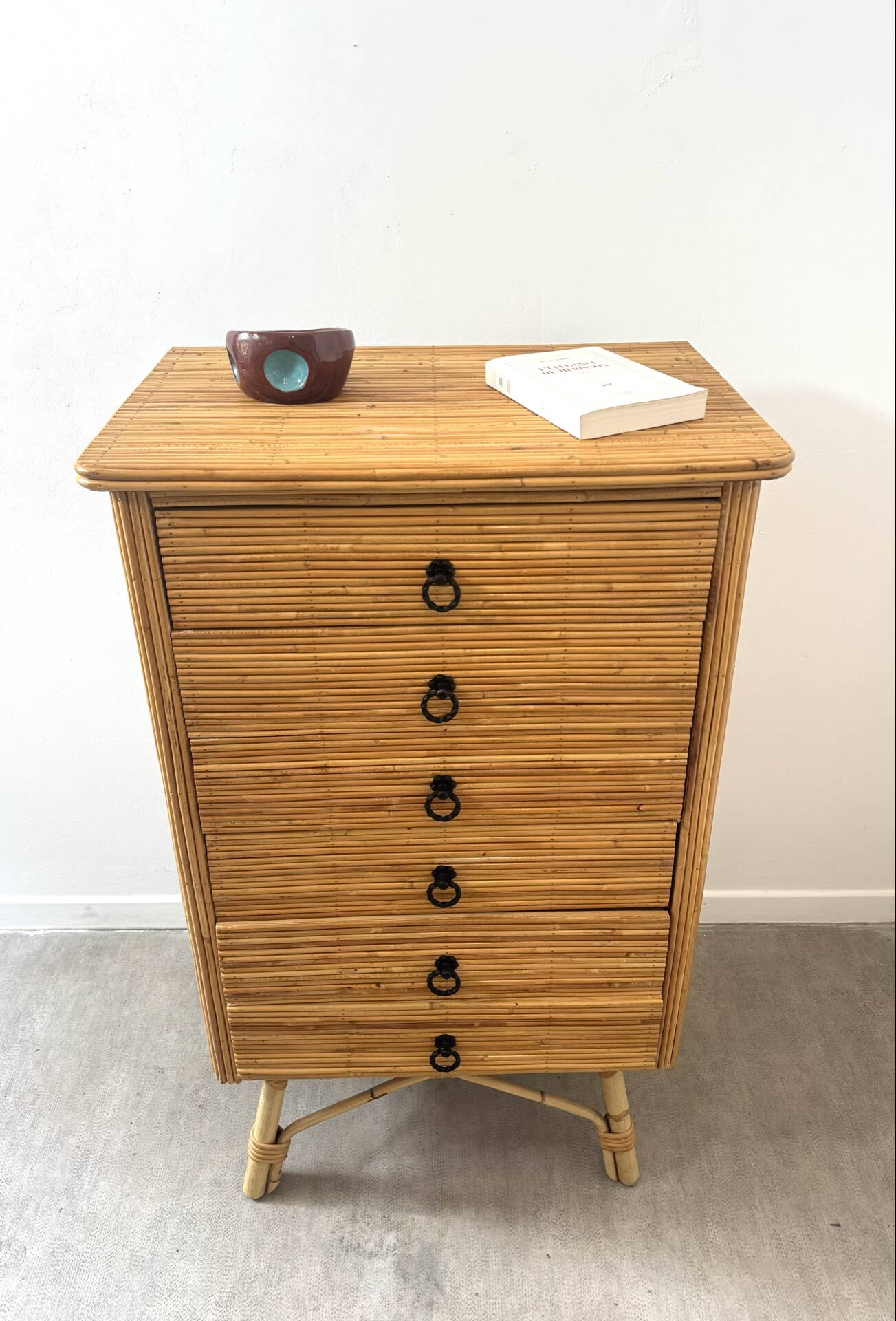 Vintage rattan chest of drawers by Audoux Minet