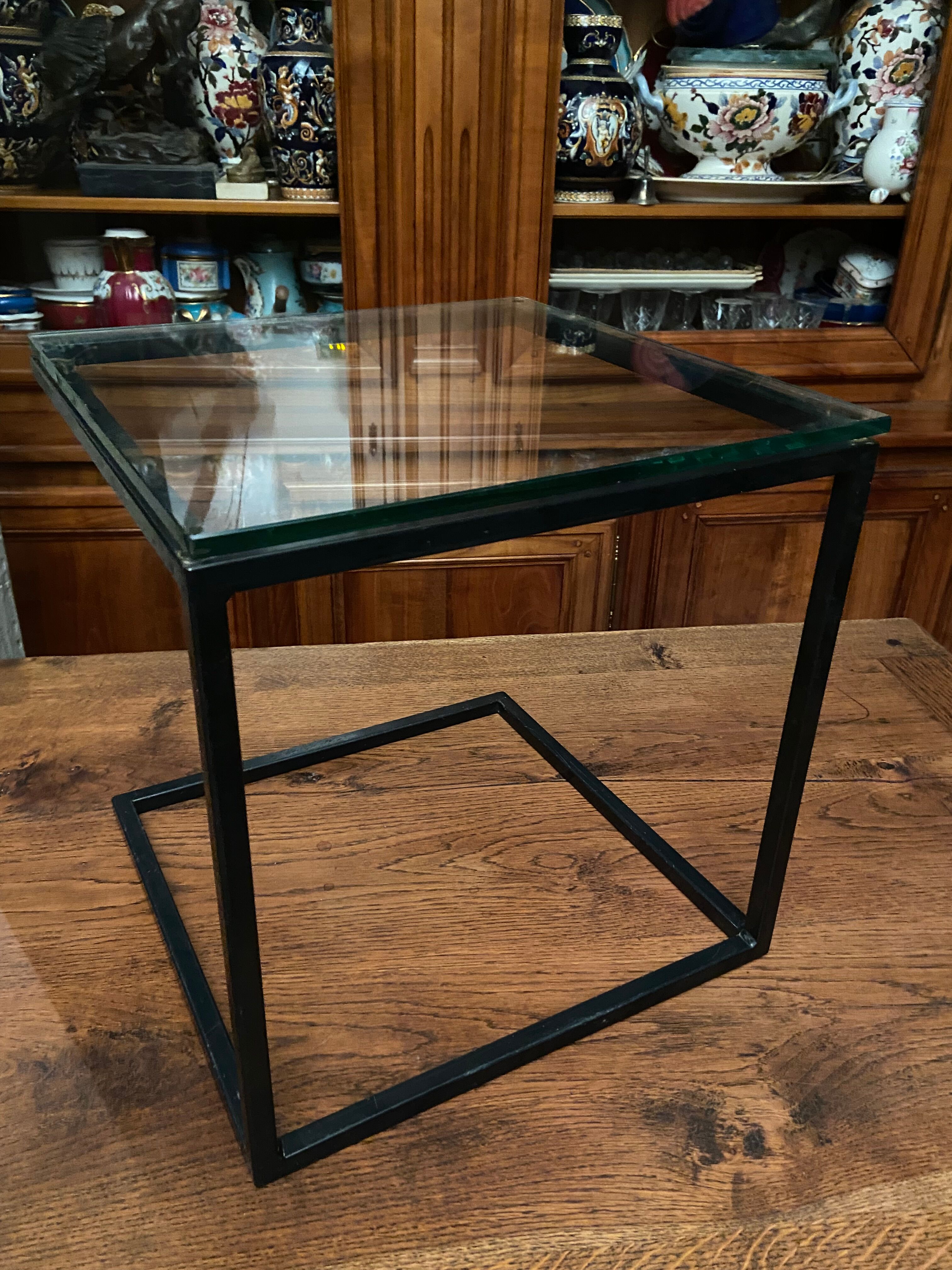 Coffee table end of sofa harness design 1970 metal and glass marked pierre chevalier