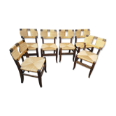 ensemble de 6 chaises paillès en chene travail francais des annèes 50