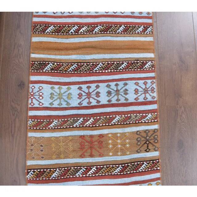 Vintage Turkish Oushak Handmade Wool Cotton Red Kilim Runner 60x214