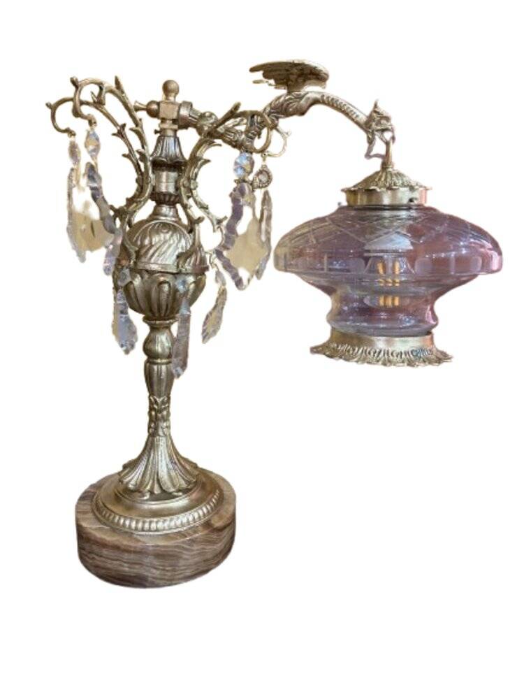 Bronze table lamp with dragon arm and cut glass shade, 1940s