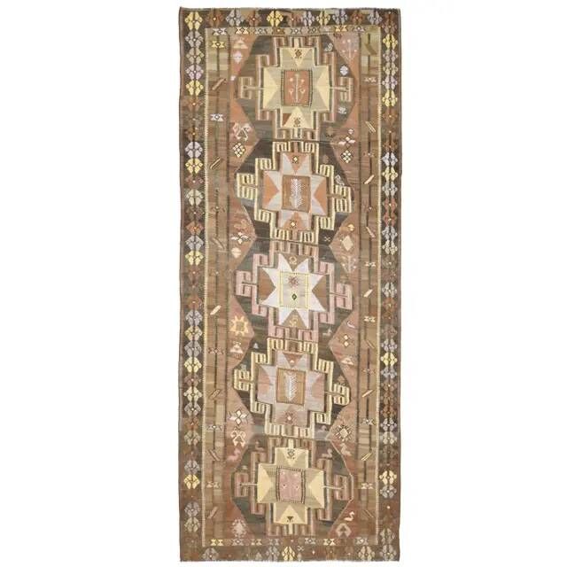 1970s Vintage Turkish Hand-Knotted Wool Cotton Brown Runner Rug 150x390