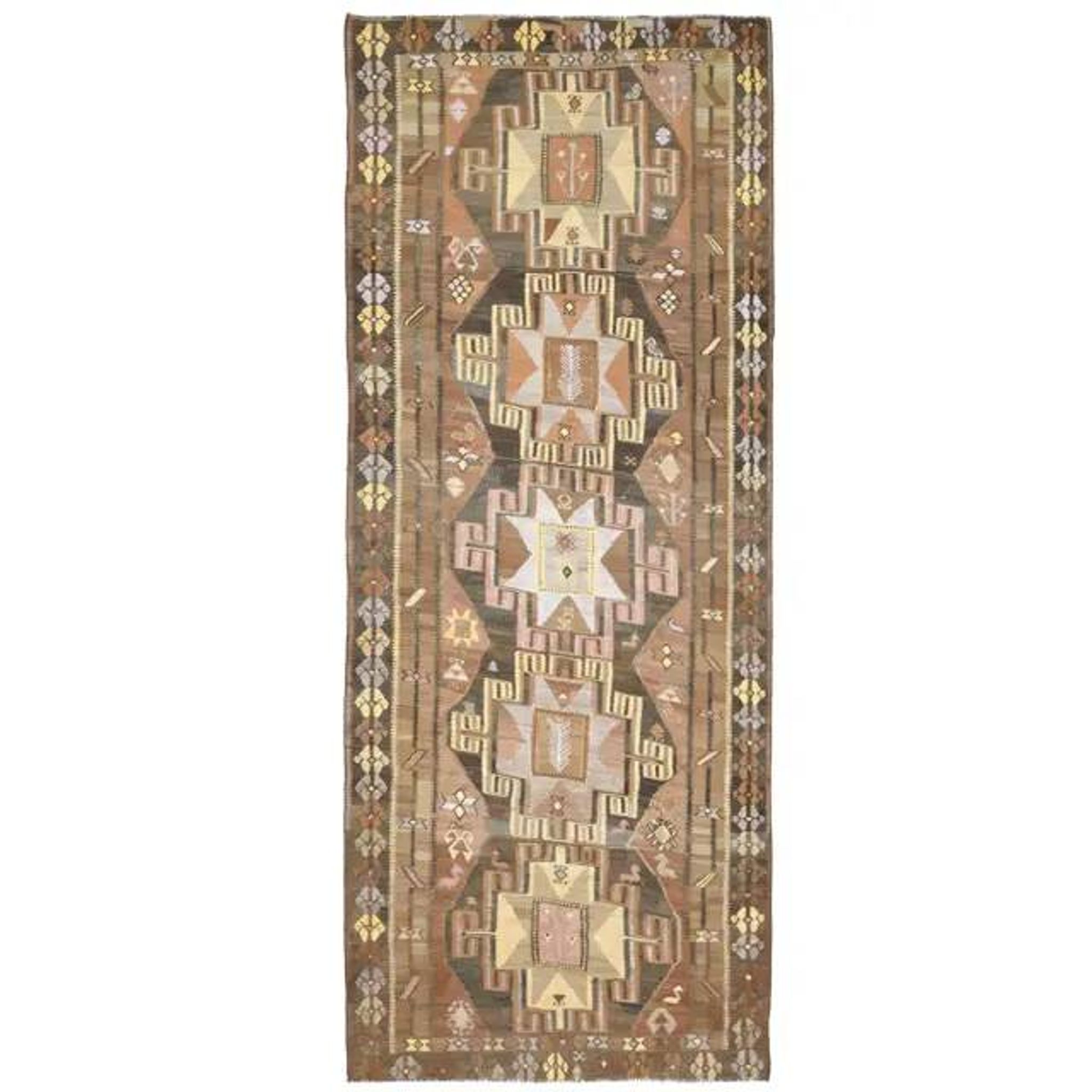 1970s Vintage Turkish Hand-Knotted Wool Cotton Brown Runner Rug 150x390