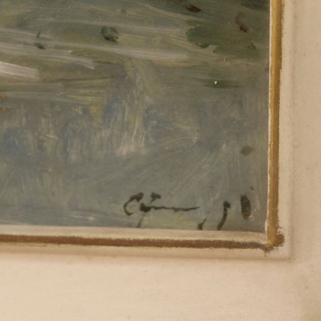 Italian signed landscape painting view of river with boats