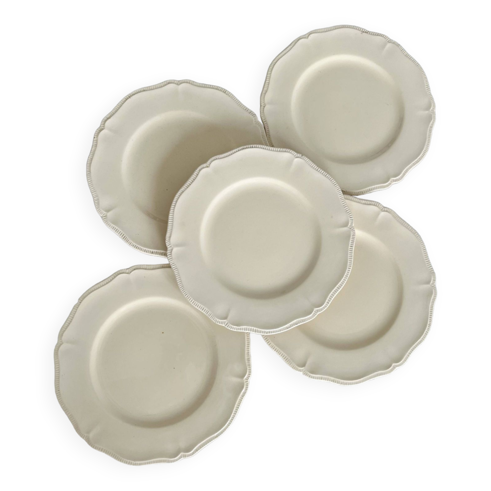 Set of 5 vintage earthenware flat plates stamped Longchamp beige color classic style