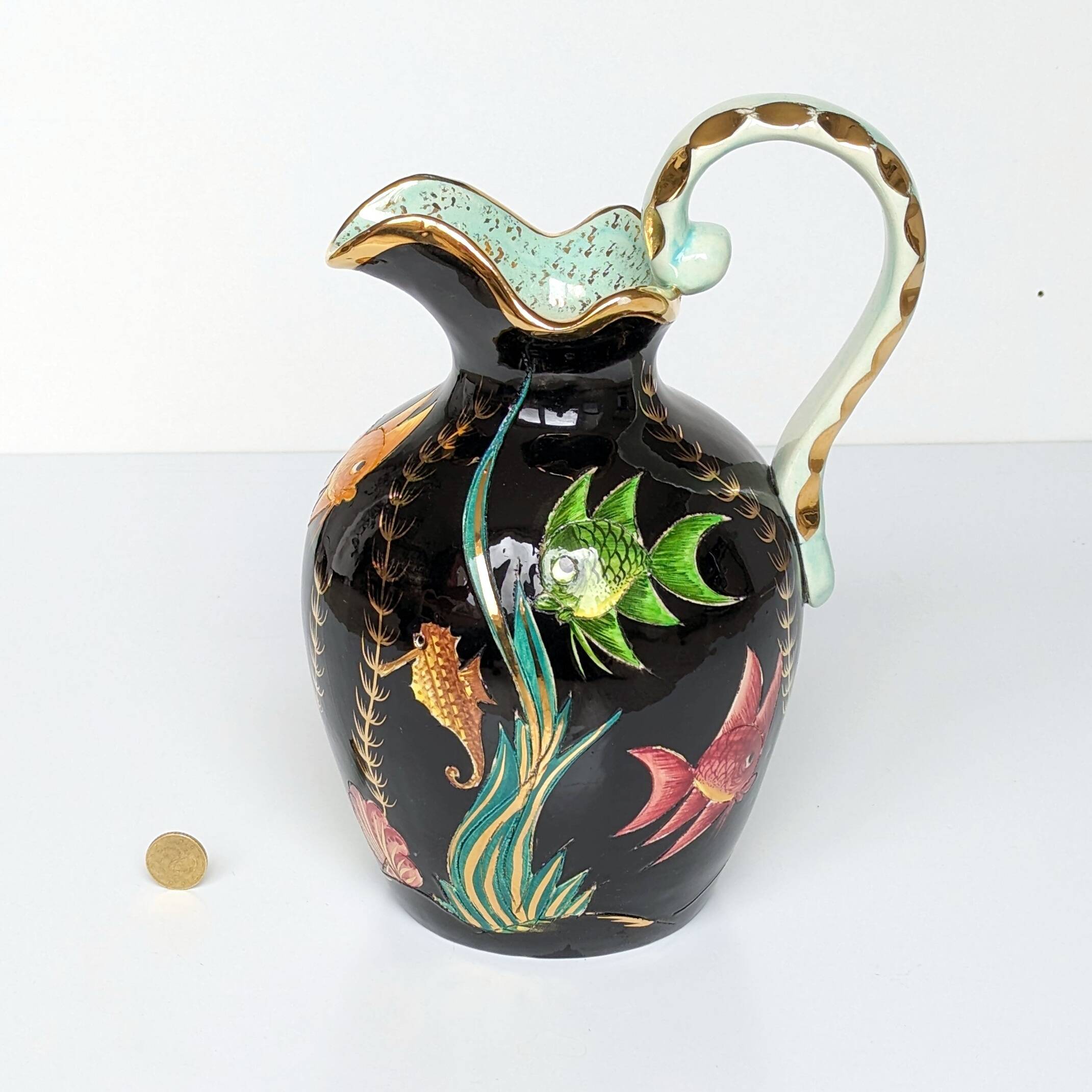 Large pitcher / Monaco vase in polychrome earthenware with bas relief decoration of fish on a seabed