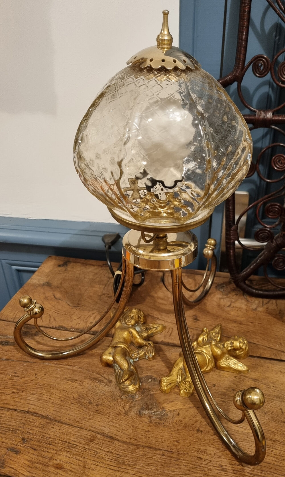 Table lamp, tripod, golden brass, vintage, 50s