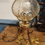 Table lamp, tripod, golden brass, vintage, 50s