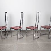 Postmodern chairs in chromed steel and red wood, set of 4, 1980s