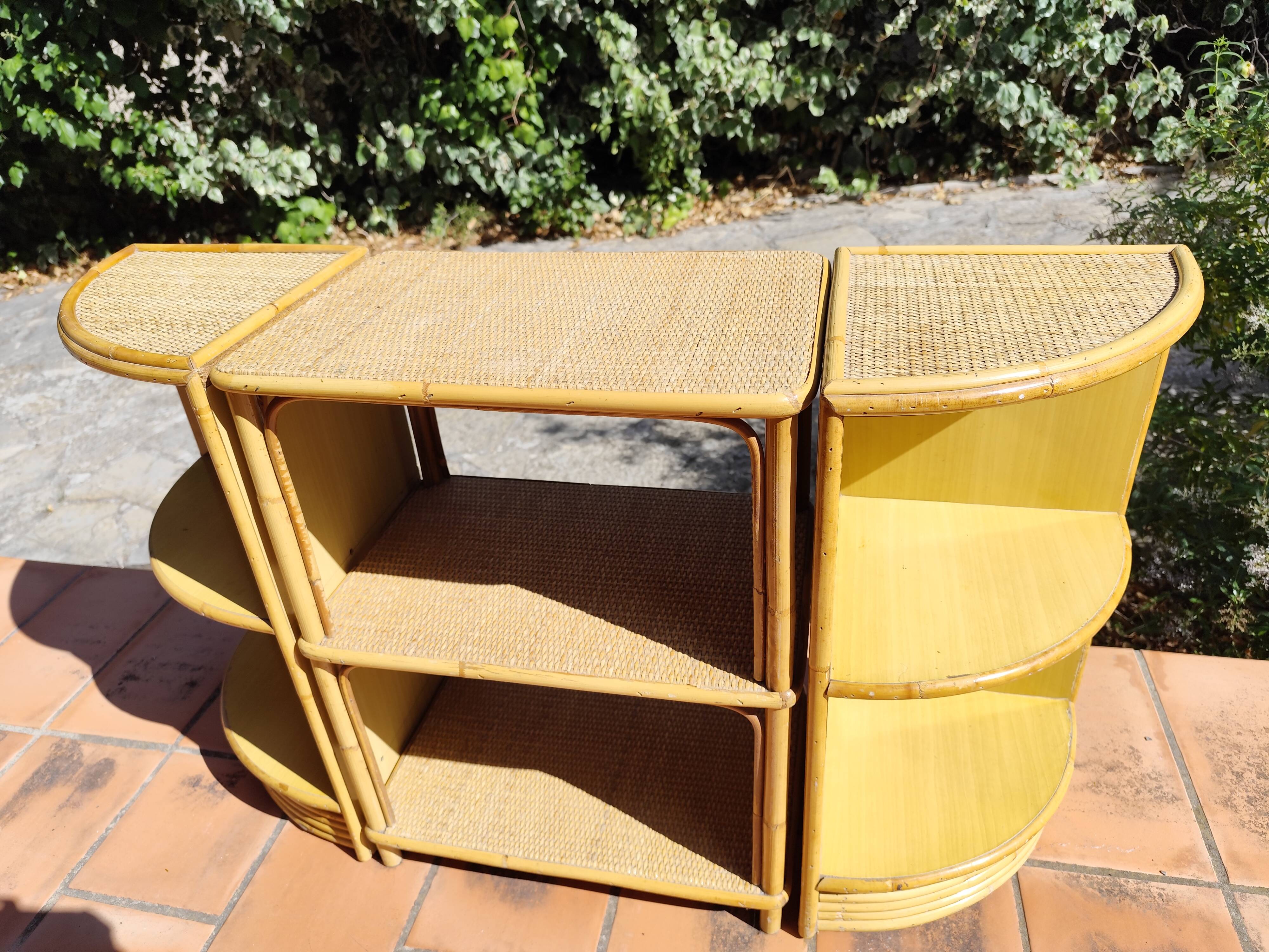 Vintage 3-piece rattan & bamboo shelving unit