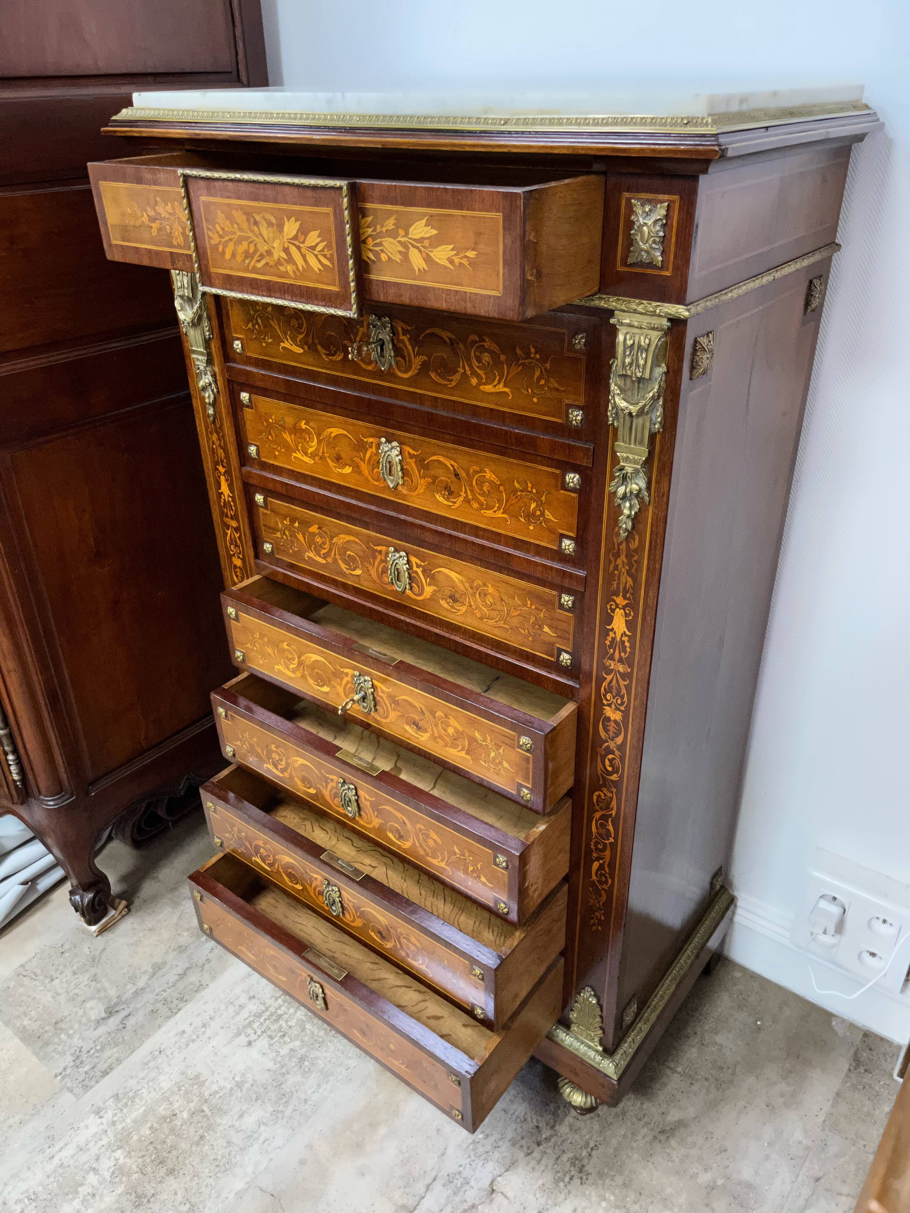 Writing desk in Napoleon III Marquetry white marble top