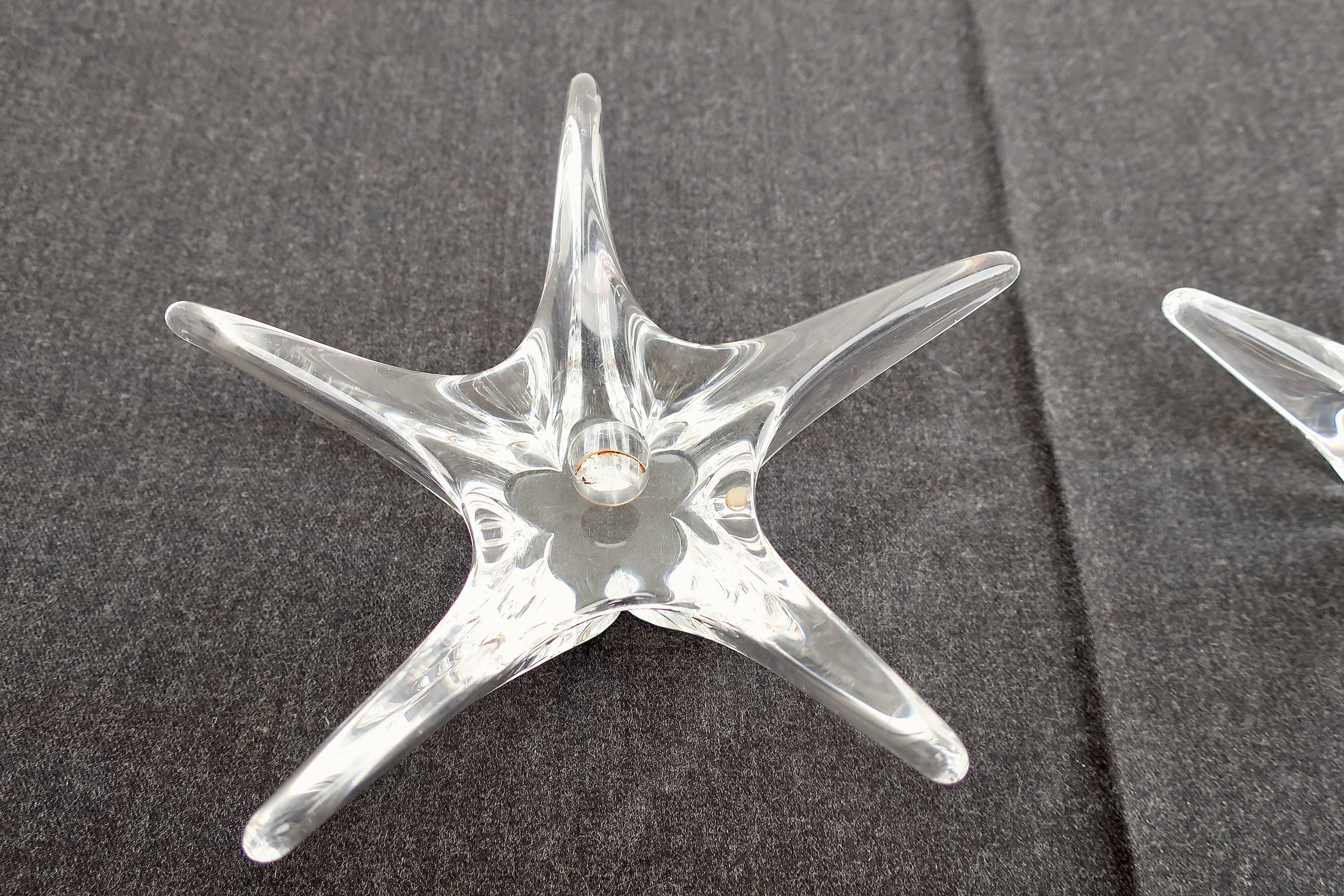 DAUM France pair of crystal candlesticks "Starfish" large model, 1960/1970