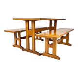 Mid century scandinavian pine dining set table and two benches, 1960s
