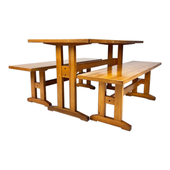 Mid century scandinavian pine dining set table and two benches, 1960s