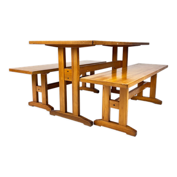 Mid century scandinavian pine dining set table and two benches, 1960s