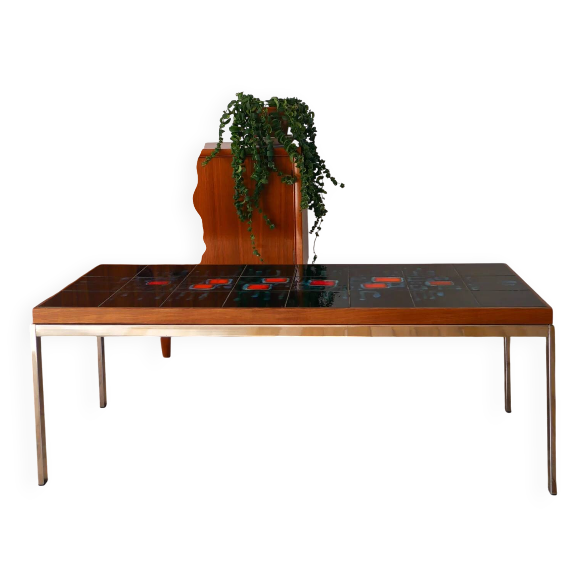 Table basse en céramique, teck & chrome, design, 1970