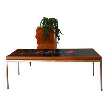 Table basse en céramique, teck & chrome, design, 1970