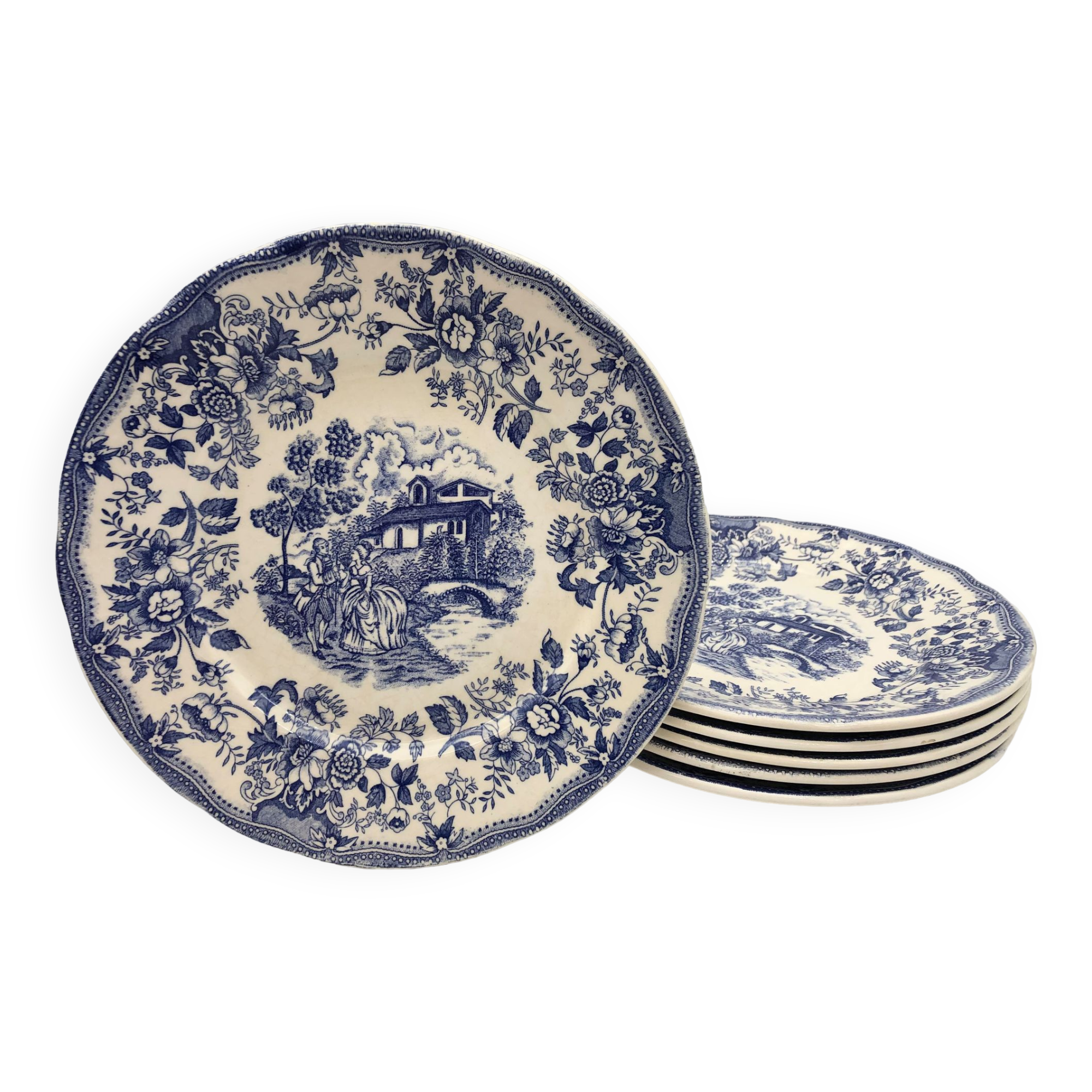 6 Flat blue blue plates "Flowers"