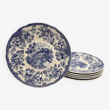 6 Assiettes plates vintages bleues « Flowers »