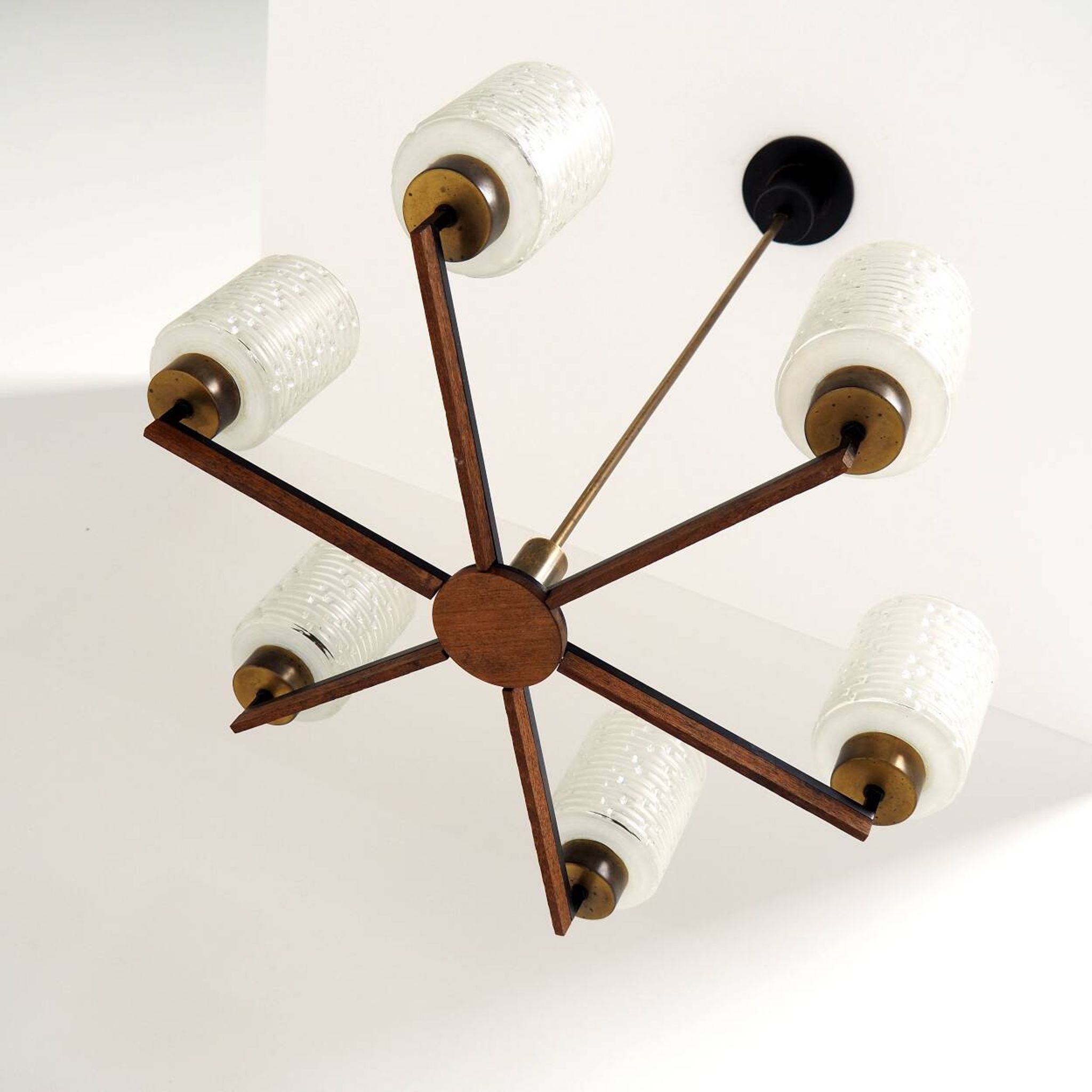 Vintage Philips 6-Light Chandelier in Brass, Teak & Black Metal