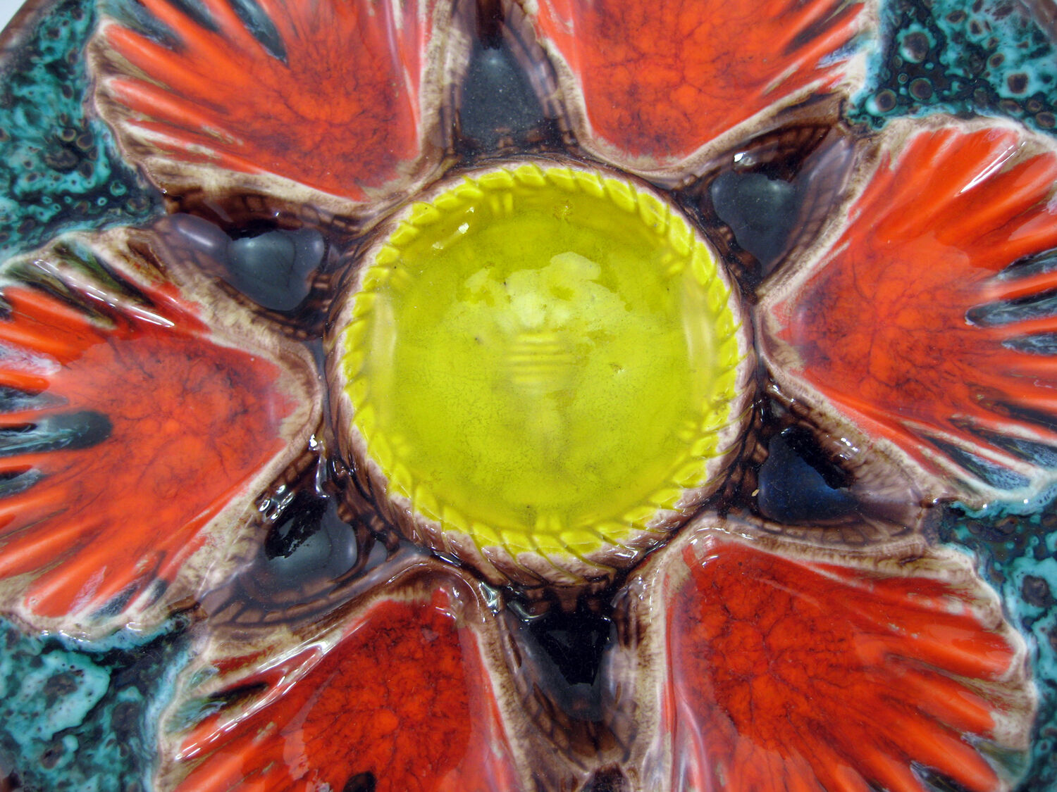 2 red/orange, yellow and green glazed ceramic oyster plates - Vallauris France - vintage