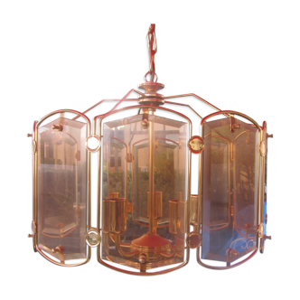 Lustre plaque de verre fumé et laiton doré. Pile poil 70,s