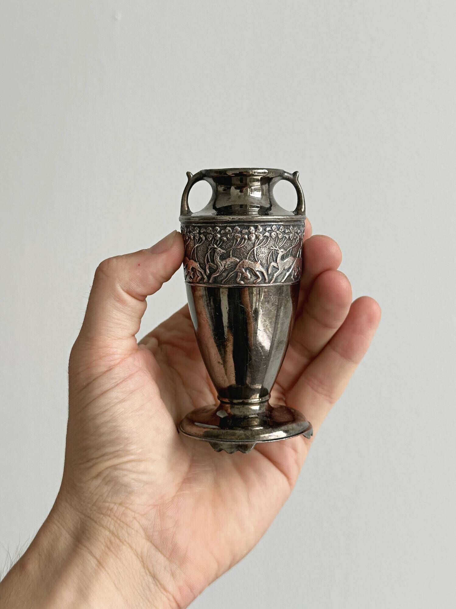 Small silver-plated metal amphora vase antique