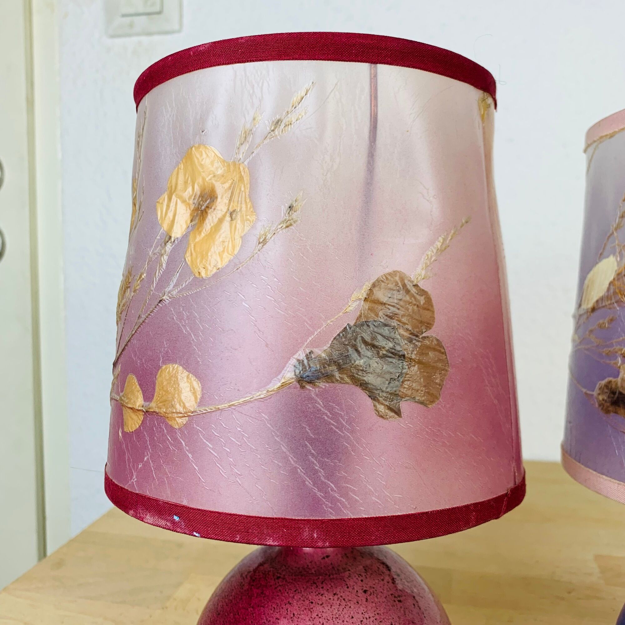 Pair of pink and blue ceramic fig lamps, dried flowers lampshade