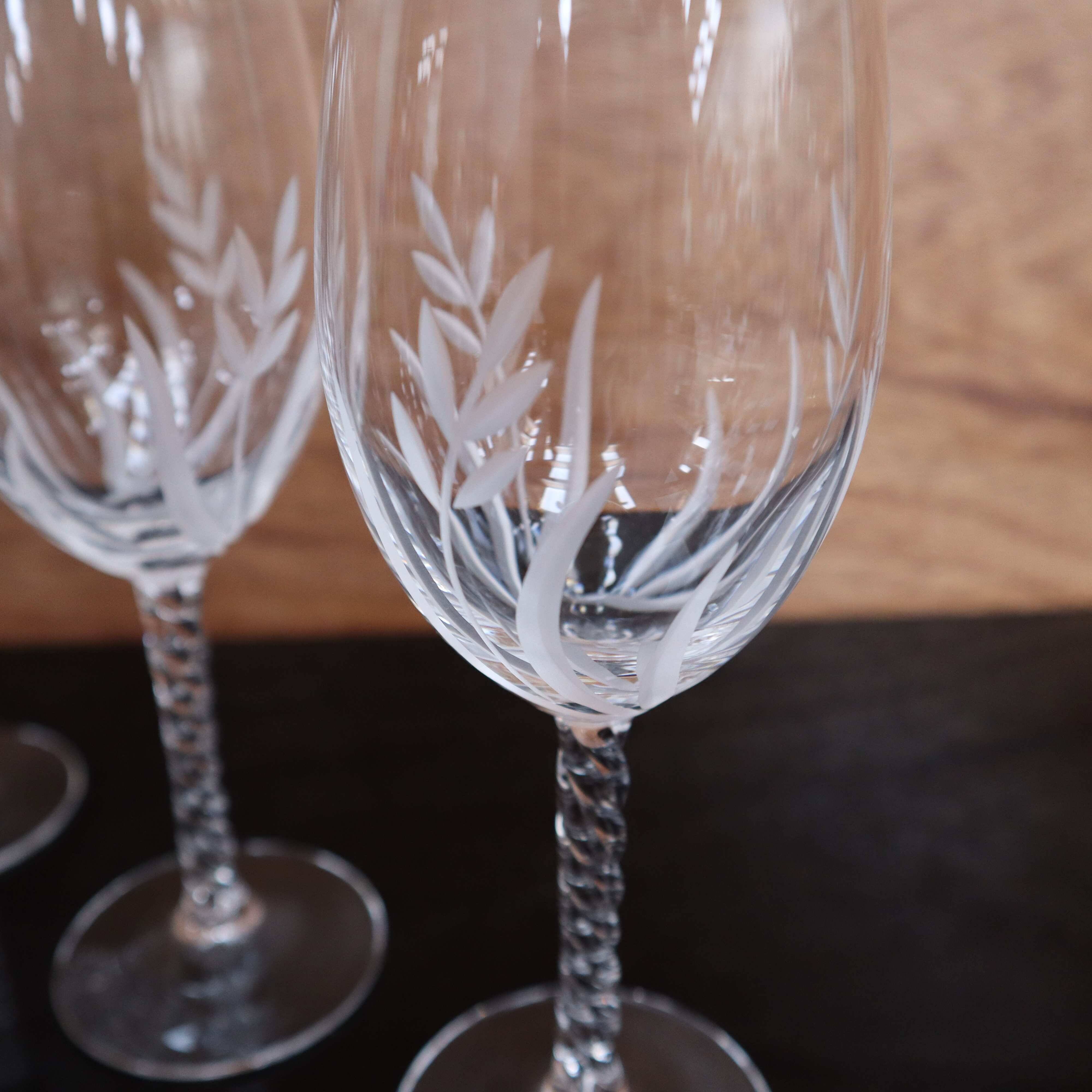 Set of 4 Vintage Engraved Crystal White Wine Glasses